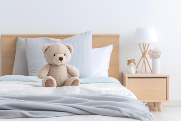 Cute teddy bear on bed in bedroom