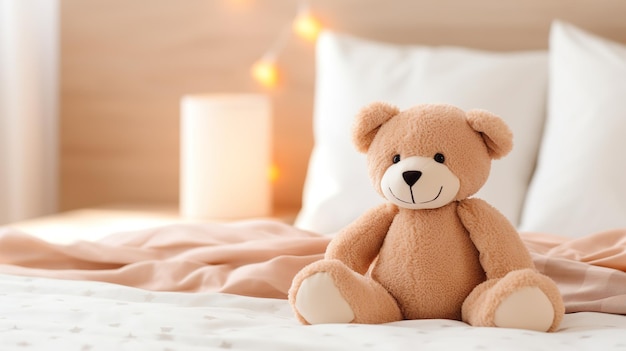 Cute teddy bear on bed in bedroom