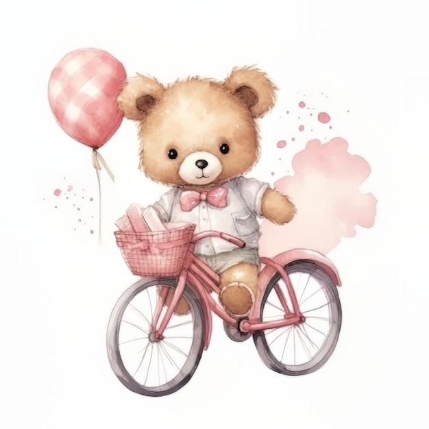 Cute teddy bear on bicycle with balloons