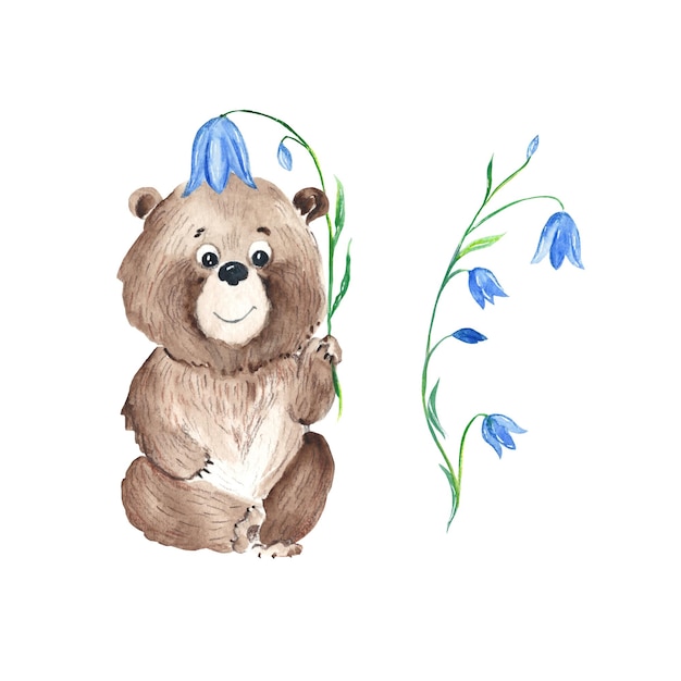 Cute teddy bear and blue bell flower isolated on white background Watercolor hand drawn illustration