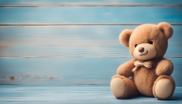 Foto dolce orsacchiotto su sfondo di legno di colore blu