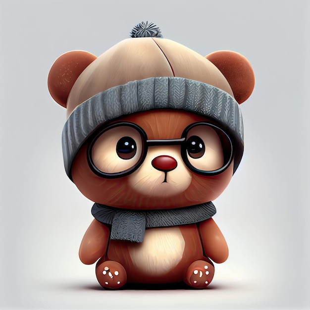 Cute teddy bear comic wearing a beanie with sweater and hut