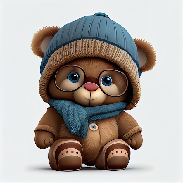 Cute teddy bear comic wearing a beanie with sweater and hut