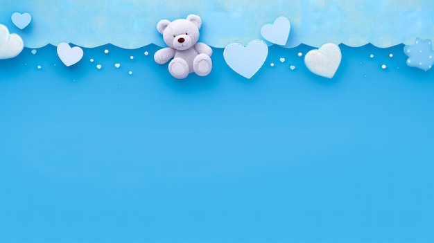 Cute Teddy Bear and Hearts on Blue Watercolor Background