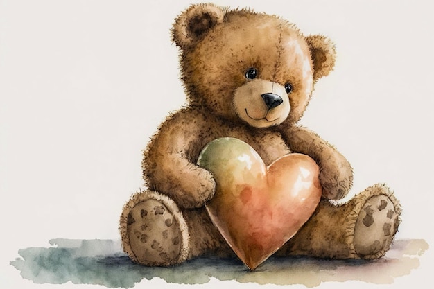 Cute teddy bear holding a heart for a valentines card or birthday card Watercolor Generative AI