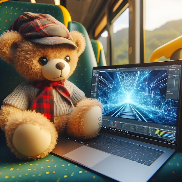 Cute teddy bear holding a notebook computer in the bus