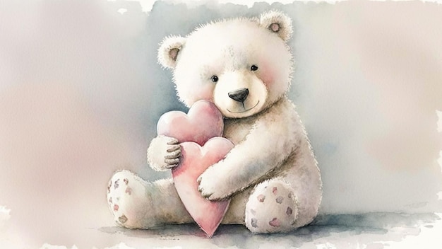 Cute teddy bear holding a pink heart for a valentines card or birthday card Watercolor Generative AI