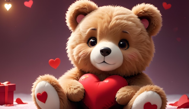Foto un orsacchiotto carino con un cuore rosso sullo sfondo del giorno di san valentino.