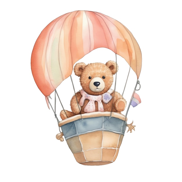 Cute teddy bear in a hot air baloon watercolor illustration clipart