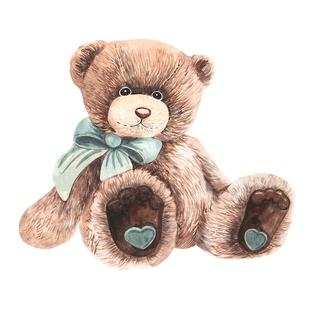 Cute teddy bear is sitting Watercolor drawing on a white background Gift for Valentine's Day Postcard decoration