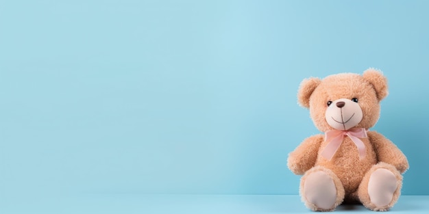 Cute teddy bear isolated on soft pastel background with copy space for ads and text