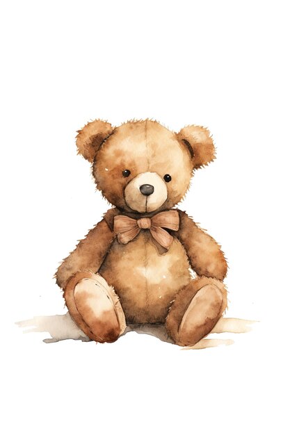 Cute teddy bear isolated on white background digital watercolour of a retro style soft toy with bow