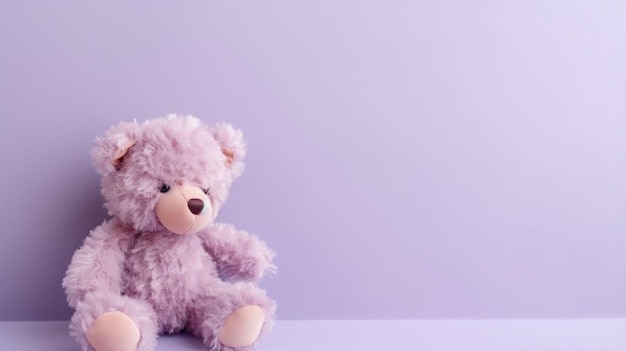 Cute teddy bear on light purple background top view Space for text