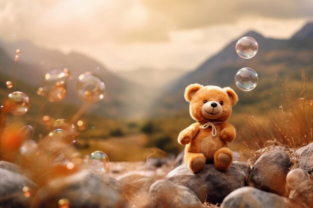 cute teddy bear in mountains and soap bubbles around