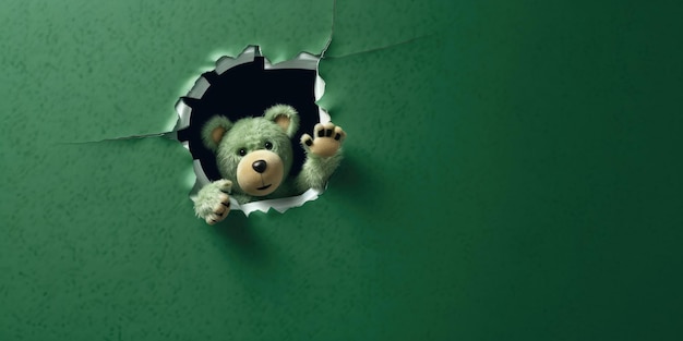 Cute teddy bear peeking out of a hole in wall torn hole empty copy space frame mockup generative ai image weber