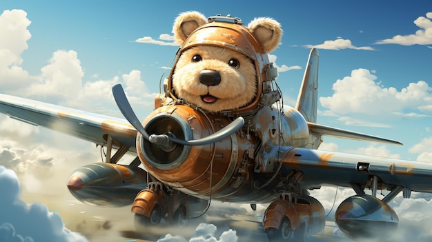 Cute teddy bear on the plane in watercolor style