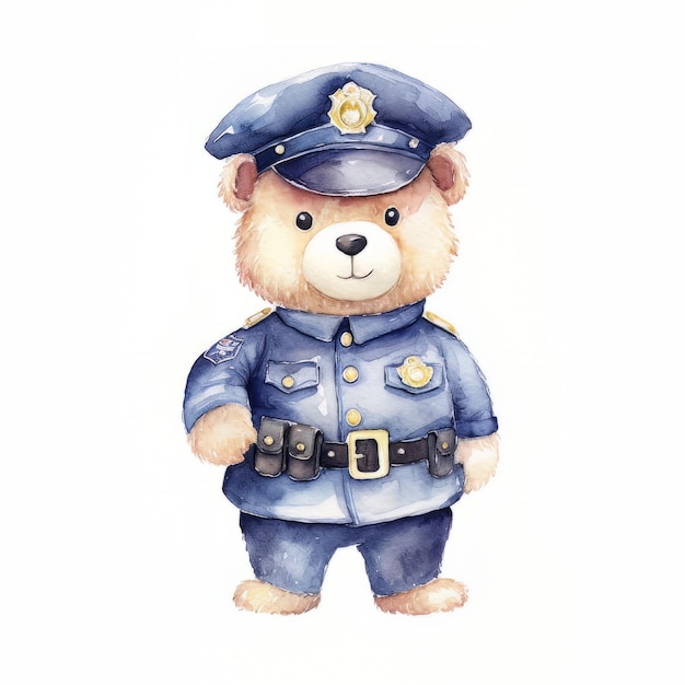 Cute teddy bear in police uniform Watercolor illustration