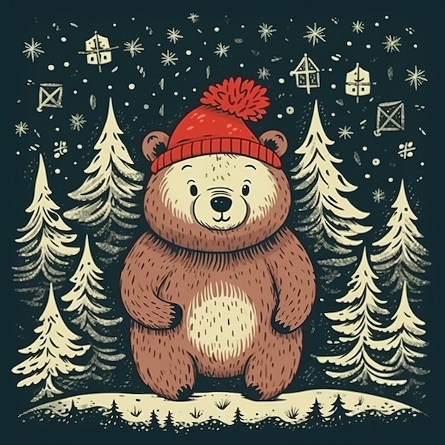 Cute teddy bear in a red knitted hat and scarf with a Christmas tree and snowflakes Watercolor