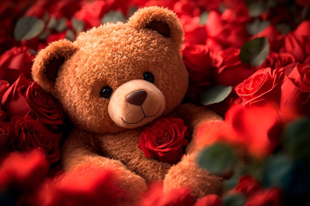 Cute teddy bear in red roses Gift for a girl woman Valentine's day Birthday Women's day Generative AI