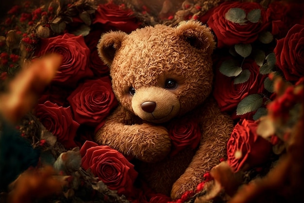 Cute teddy bear in red roses Gift for a girl woman Valentine's day Birthday Women's day Generative AI