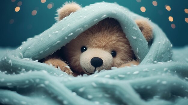 A cute teddy bear relaxing in a bed with blankets teal background