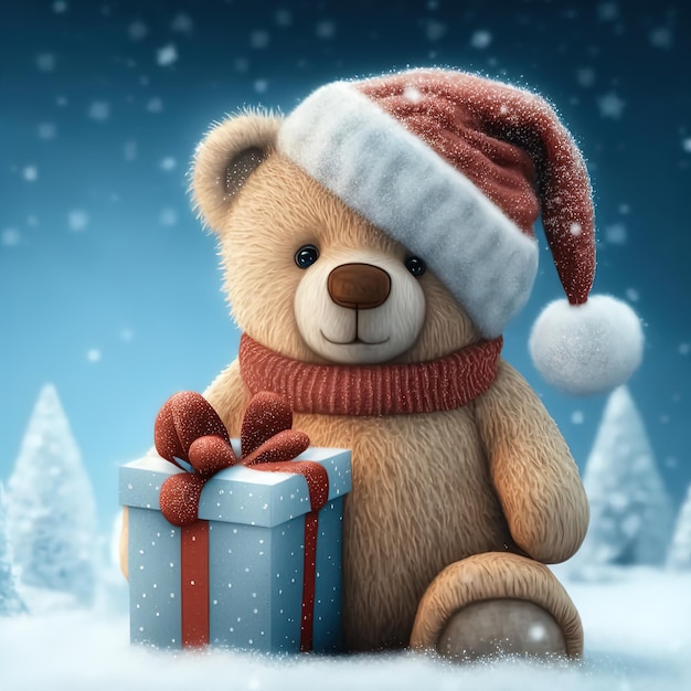 Cute teddy bear in santa hat with christmas gift 3D illustration