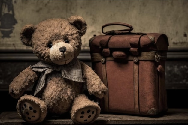 A cute teddy bear sits next to a suitcase