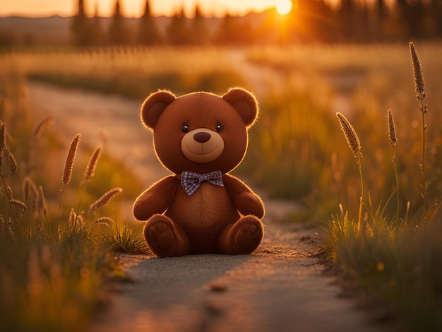 A cute teddy bear sitting on a dirt path