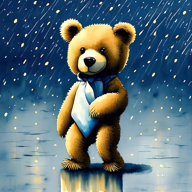 Cute Teddy Bear Standing Alone on Rainy Day Muted Colors Generative Ai