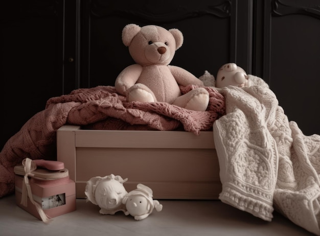 Cute teddy bear in a toy basket in australia