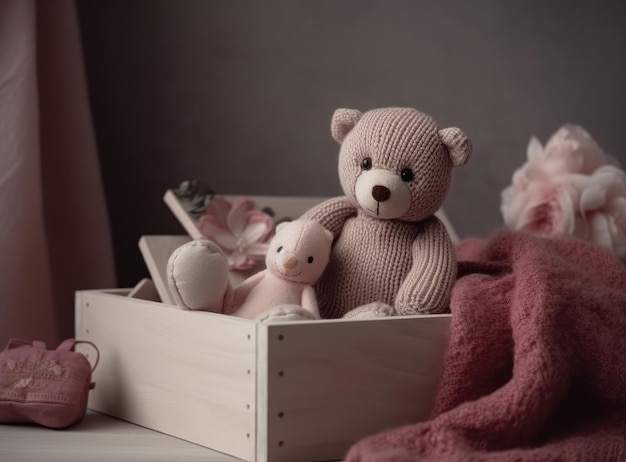 Cute teddy bear in a toy basket in australia