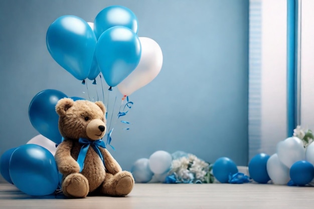 Photo a cute teddy bear toy with colorful balloons on stunning room background