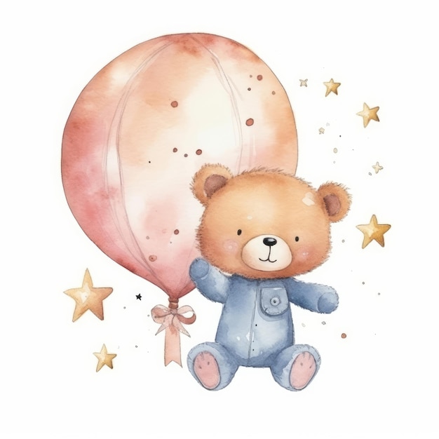 Cute Teddy Bear with Balloon Watercolor Illustration AI GenerativexA