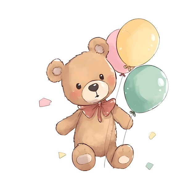 Cute teddy bear with balloons and confetti Vector illustration
