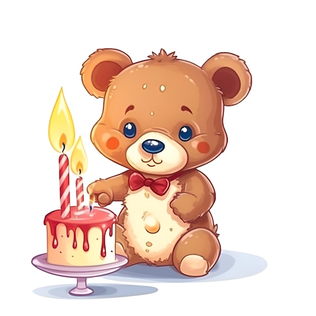 Photo cute teddy bear with birthday cake and candle vector illustration