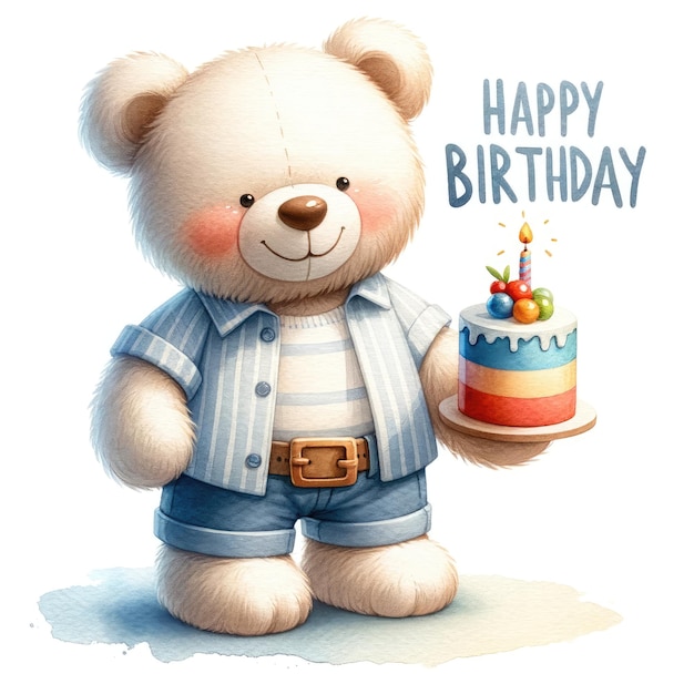 Photo cute teddy bear with birthday cake on white background