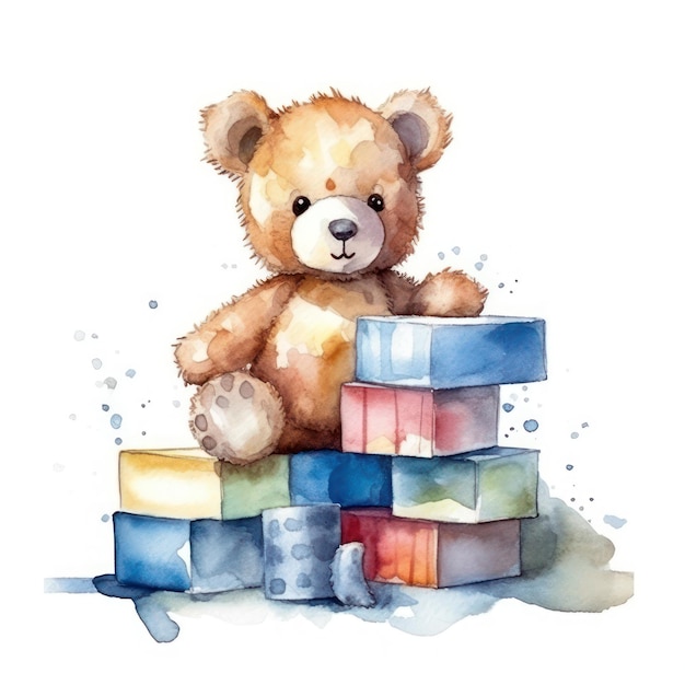 Cute Teddy Bear with blocks and books