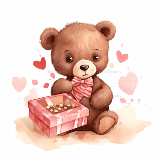 A cute teddy bear with a box of chocolates