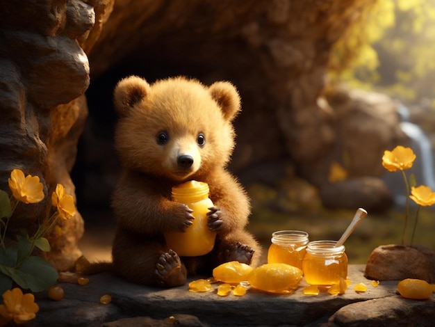 Cute teddy bear with honey in a pot on a dark background Generative AI