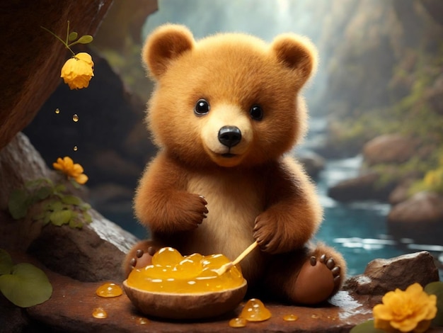 Cute teddy bear with honey in a pot on a dark background Generative AI