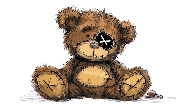 Photo cute teddy bear with a missing eye and stitches all over his body he is sitting on a white background and looking at the camera with a sad smile