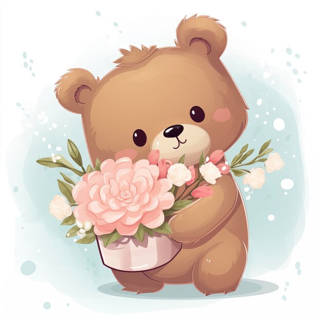 Photo cute teddy bear with pink bouquet