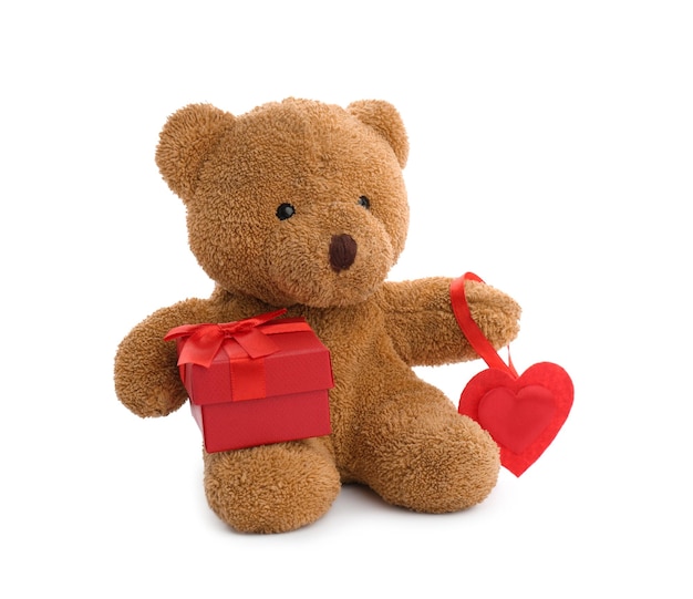 Cute teddy bear with red heart and gift box on white background Valentine39s day celebration