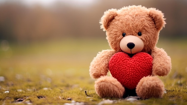 Cute teddy bear with red heart on the nature