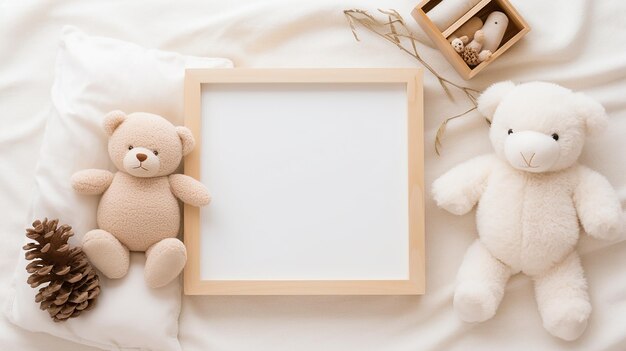 Foto orsacchiotto carino con una cornice bianca di legno spazio vuoto per il testo