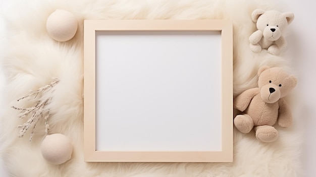 cute teddy bear with a white wooden frame empty space for text