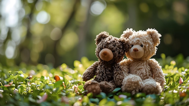 Cute teddy bears with heart on the nature background Copy space