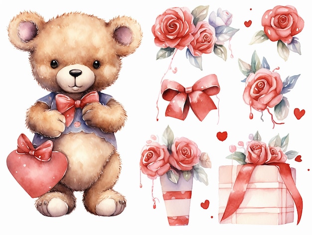 Cute teddy bears with love pink and gift box watercolor cartoon vector illustration design and good for happy valentines day