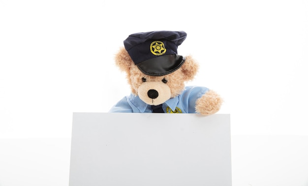 Cute teddy in policeman uniform isolated against white background