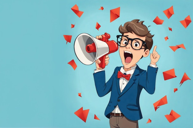 Cute teen School boy in a business suit using megaphone on colored banner Waist portrait Copy space edgeless Announcement